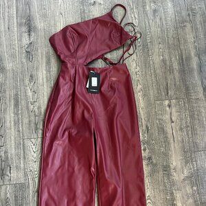 Red One shoulder Leather Jumpsuit